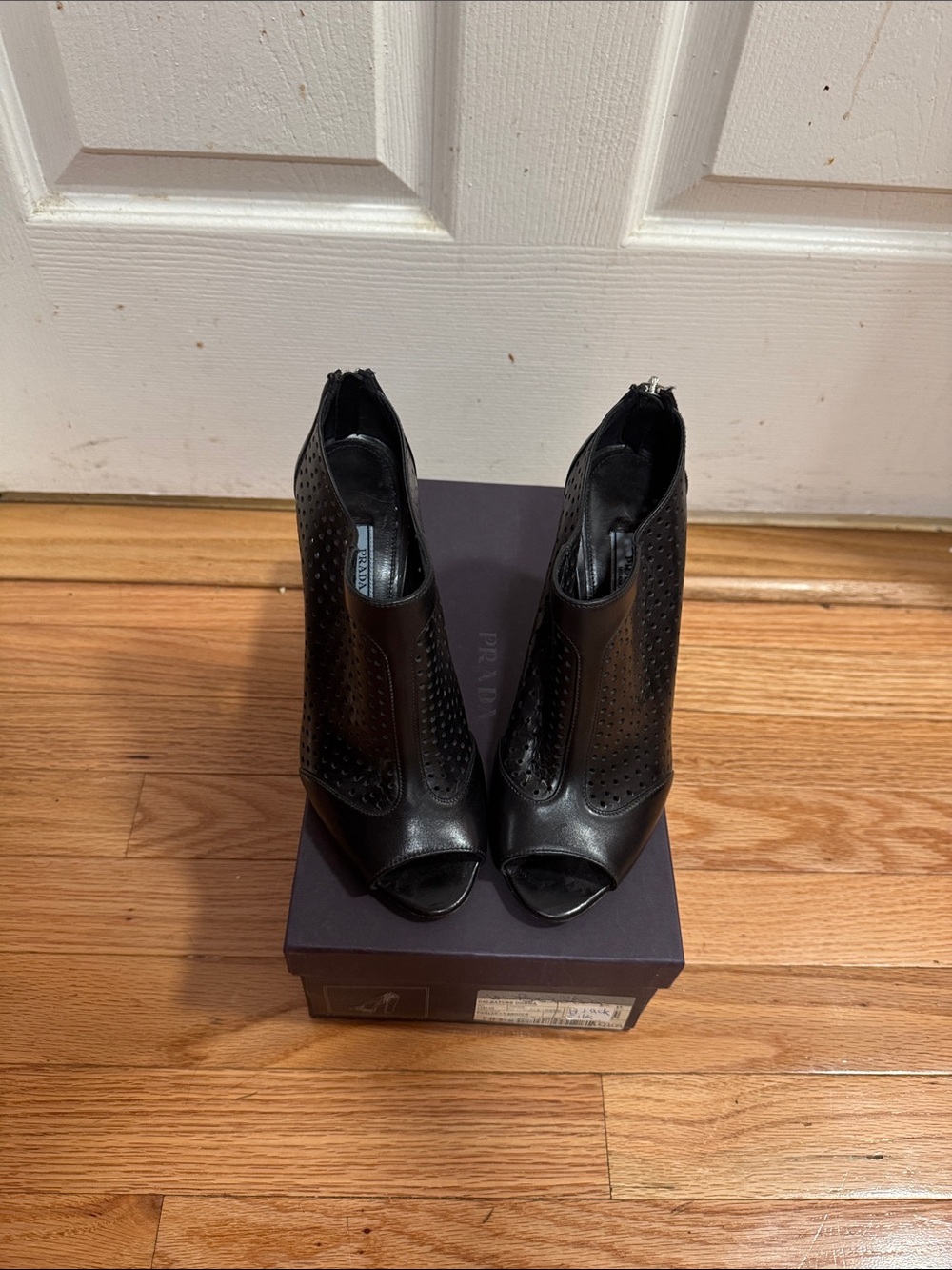 Prada Black Perforated Leather Peep-Toe Booties